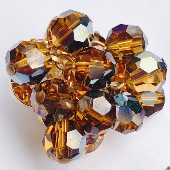 VTG Juliana Mid Century Cha Cha Brooch Earrings Set Gold Tone AB Beads Root Beer - Picture 5 of 14